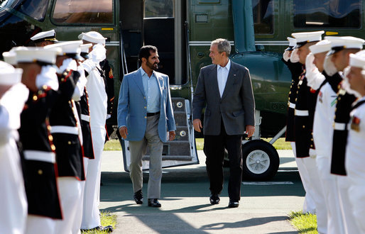 President George W. Bush welcomes Sheikh Mohammed bin Rashid al-Maktoum, Prime Minister of the United Arab Emirates and ruler of Dubai, Sunday, Aug. 3, 2008 in Camp David. White House photo by Eric Draper