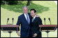 President George W. Bush embraces South Korean President Lee Myung-bak at the conclusion of their joint news conference Wednesday, Aug. 6, 2008, at the Blue House presidential residence in Seoul, South Korea. White House photo by Chris Greenberg