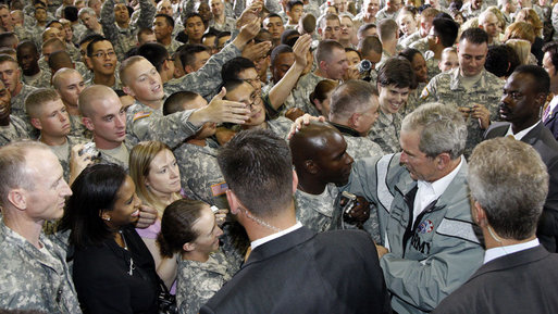 President George W. Bush greets military personnel during his visit to the U.S. Army Garrison-Yongsan Wednesday, August 6, 2008, in Seoul, South Korea. White House photo by Eric Draper