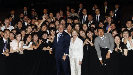 President George W. Bush and Mrs. Laura Bush pose for a photo during their visit with United States Embassy personnel and family members Wednesday, Aug. 6, 2008, in Seoul. White House photo by Eric Draper