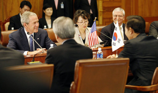 President George W. Bush talks with Lee Myung-bak, President of South Korea, during their meeting Wednesday, Aug. 6, 2008, at the Blue House in Seoul. White House photo by Eric Draper