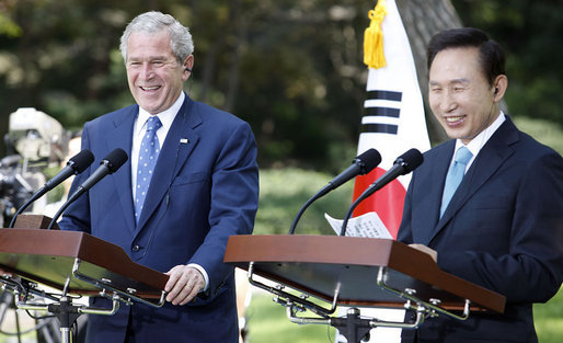 President George W. Bush laughs with South Korean President Lee Myung-bak during a press availability Wednesday, Aug. 6, 2008, at the Blue House in Seoul. White House photo by Eric Draper