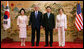 President George W. Bush and Mrs. Laura Bush are seen with South Korean President Lee Myung-bak and first lady Kim Yoon-ok during arrival ceremonies Wednesday, Aug. 6, 2008, at the Blue House presidential residence in Seoul. White House photo by Chris Greenberg