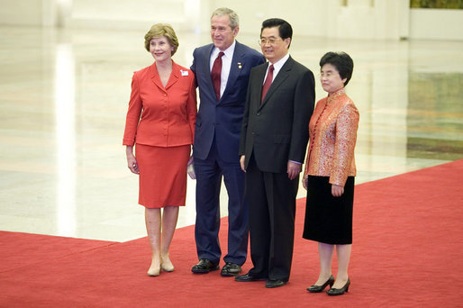 President George W. Bush and Mrs. Laura Bush participate in a photo opportunity with President Hu Jintao of the People’s Republic of China and Madam Liu Yongqing at the social luncheon in honor of the 2008 Summer Olympic Games in Beijing. The luncheon was held at the Great Hall of the People. White House photo by Eric Draper