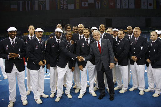 President George W. Bush meets with members of the U.S. Olympic Basketball Team Friday evening, Aug. 8, 2008 at the National Stadium in Beijing, prior to the U.S. Olympians marching in the Opening Ceremonies at the 2008 Summer Olympics. White House photo by Eric Draper