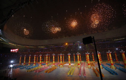 Fireworks explode above the National Stadium as artists perform Friday evening, Aug. 8, 2008 in Beijing, during the Opening Ceremonies of the 2008 Summer Olympics. White House photo by Eric Draper
