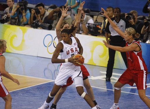 The U.S. Women's Olympic Basketball Team is seen in action in a preliminary match Saturday, Aug. 9, 2008, against the Czech Republic team at the Beijing 2008 Summer Olympics Games, which was attended by President George W. Bush and family members. White House photo by Eric Draper