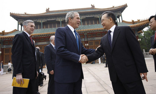 President George W. Bush is greeted by Chinese Premier Wen Jiabao Sunday, Aug. 10, 2008, at Zhongnanhai, the Chinese leaders compound in Beijing. White House photo by Eric Draper