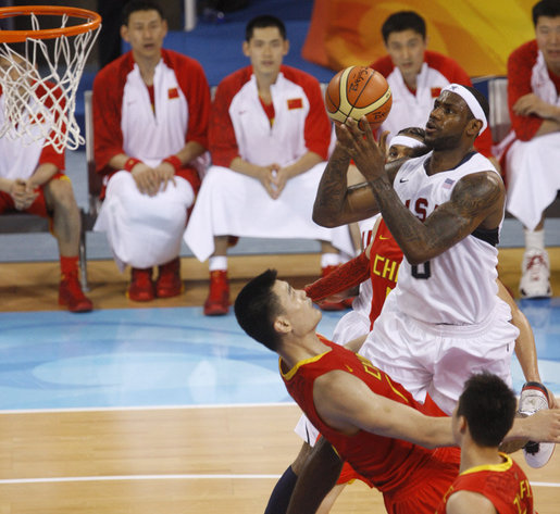 U.S. Olympic Men's Basketball team member LeBron James goes up for shot against China's Yao Ming Sunday, Aug. 10, 2008, during action in the Group B men's Olympic basketball game between the U.S. and China, at the 2008 Summer Olympic Games in Beijing. White House photo by Eric Draper
