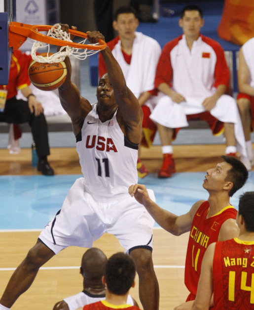 U.S. Olympic Men's Basketball team member Dwight Howard makes a slam dunk Aug. 10, 2008, during action in the Group B men's Olympic basketball game between the U.S. and China, at the 2008 Summer Olympic Games in Beijing. White House photo by Eric Draper