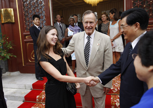 Former President George H. W. Bush introduces his granddaughter, Ms. Barbara Bush, to China's President Hu Jintao Sunday, Aug. 10, 2008, following their visit to Zhongnanhai, the Chinese leaders compound in Beijing. White House photo by Eric Draper