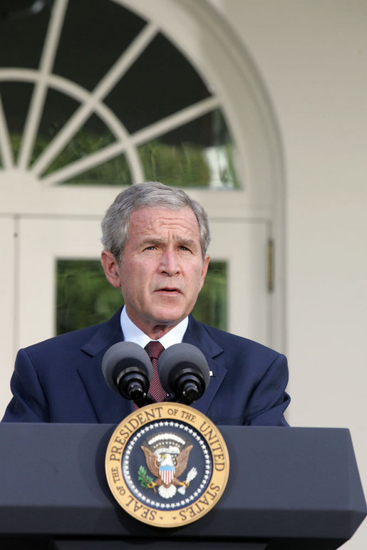 President George W. Bush delivers remarks on the ongoing conflict involving Georgia, Russia, and the Georgian provinces of Abkhazia and South Ossetia.Monday, Aug. 11, 2008, in the Rose Garden of the White House. White House photo by Joyce N. Boghosian