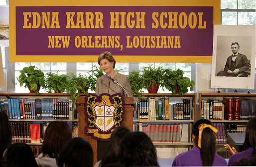 Mrs. Laura Bush addresses students and faculty Thursday, Aug. 14, 2008, at the Edna Karr High School in New Orleans, on the National Endowment for the Humanities' Picturing America initiative. The Picturing America program is a collection of American art offered to schools and public libraries to help educators teach American history and culture through art. White House photo by Shealah Craighead