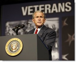 President George W. Bush addresses his remarks Wednesday, Aug. 20, 2008, to the Veterans of Foreign Wars National Convention in Orlando, Fla., where President Bush thanked the members of the VFW for their work on behalf of America's veterans and their support in fighting the war on terror.  White House photo by Eric Draper