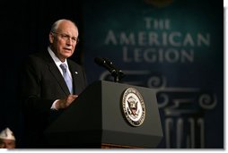 Vice President Dick Cheney addresses the 90th American Legion Convention Wednesday, Aug. 27, 2008 in Phoenix. "On my final visit to the American Legion as Vice President, I also want to thank each of you for the unstinting support you are giving to the men and women serving in our military today," said the Vice President, later adding, "We are blessed with the finest military any nation has ever fielded, and may we never take them or their families for granted."  White House photo by David Bohrer