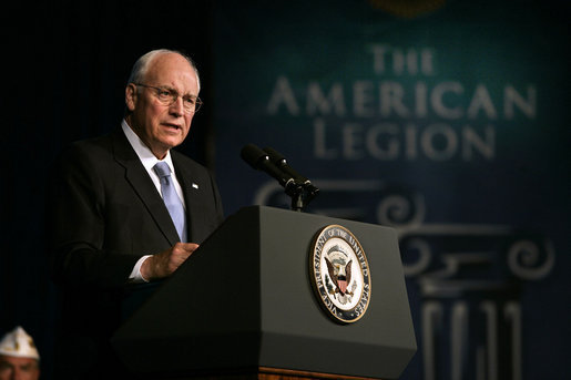 Vice President Dick Cheney addresses the 90th American Legion Convention Wednesday, Aug. 27, 2008 in Phoenix. "On my final visit to the American Legion as Vice President, I also want to thank each of you for the unstinting support you are giving to the men and women serving in our military today," said the Vice President, later adding, "We are blessed with the finest military any nation has ever fielded, and may we never take them or their families for granted." White House photo by David Bohrer