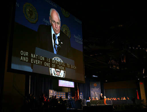 Vice President Dick Cheney is seen on screen as he delivers his remarks to the 90th American Legion Convention Wednesday, Aug. 27, 2008 in Phoenix. White House photo by David Bohrer