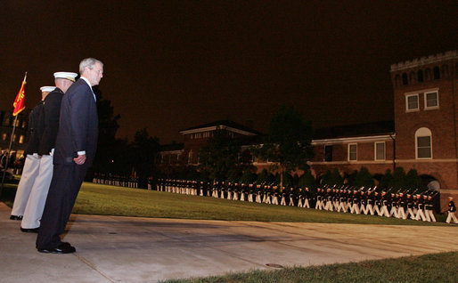 President Bush reviews the Evening Parade at the Marine Barracks Friday, Aug. 29, 2008, in Washington DC. White House photo by Joyce N. Boghosian