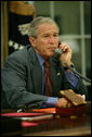 President George W. Bush calls Louisiana Governor Bobby Jindal, Saturday, Aug. 30, 2008, to discuss the impending storms that are expected to strike Louisiana and other areas of the Gulf Coast as a result of Hurricane Gustav. White House photo by Chris Greenberg
