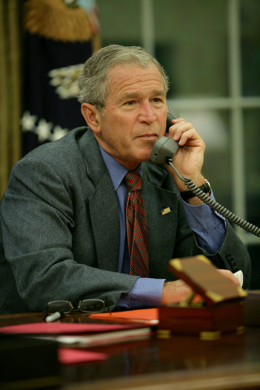 President George W. Bush calls Louisiana Governor Bobby Jindal, Saturday, Aug. 30, 2008, to discuss the impending storms that are expected to strike Louisiana and other areas of the Gulf Coast as a result of Hurricane Gustav. White House photo by Chris Greenberg
