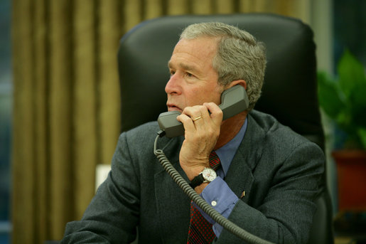 President George W. Bush calls Mississippi Governor Haley Barbour, Saturday, Aug. 30, 2008, to discuss the impending storms that are expected to strike Mississippi and other areas of the Gulf Coast region as a result of Hurricane Gustav. White House photo by Chris Greenberg