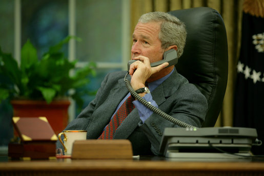 President George W. Bush calls Alabama Governor Bob Riley, Saturday, Aug. 30, 2008, to discuss the impending storms that are expected to strike Alabama and other areas of the Gulf Coast region as a result of Hurricane Gustav. White House photo by Chris Greenberg