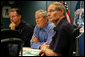 President George W. Bush, joined by Federal Emergency Management Agency Administrator David Paulison, left, and Deputy Administrator Harvey Johnson, right, participates in a briefing on preparations for Hurricane Gustav, at the FEMA National Response Center, Sunday, August 31, 2008 in Washington, DC. White House photo by Chris Greenberg