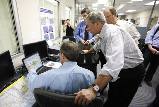 President George W. Bush is shown a computer tracking the latest position of Hurricane Gustav during a briefing Monday, Sept. 1, 2008 at the Texas Emergency Operations Center in Austin, Texas. White House photo by Eric Draper
