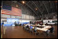 President George W. Bush attends a briefing inside an aircraft hanger Monday, Sept. 1, 2008, at Lackland Air Force Base in San Antonio, Texas, for the latest update on response preparation for Hurricane Gustav. White House photo by Eric Draper