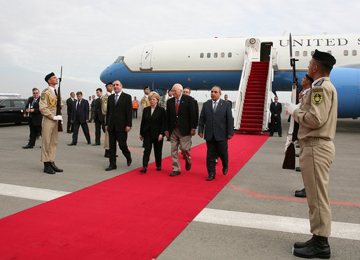 Vice President Dick Cheney and Mrs. Lynne Cheney are escorted by First Deputy Prime Minister of Azerbaijan Mr. Yagub Eyyubov, right, upon their arrival to Heydar Aliyev International Airport Wednesday, Sept. 3, 2008, in Baku, Azerbaijan. The visit to Baku is the first stop on a multi-day trip to the Caucasus region followed by visits to Ukraine and Italy. White House photo by David Bohrer