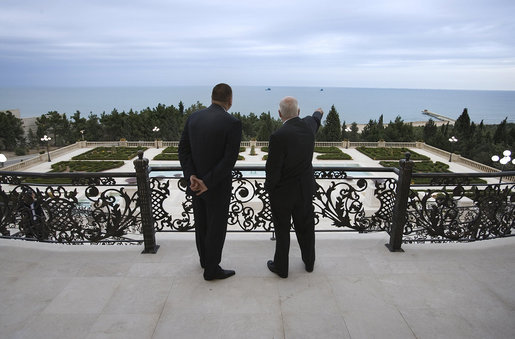 Vice President Dick Cheney and President of Azerbaijan Ilham Aliyev take in a view of the Caspian Sea Wednesday, Sept. 3, 2008, from the balcony of the Summer Presidential Palace in Baku, Azerbaijan. White House photo by David Bohrer
