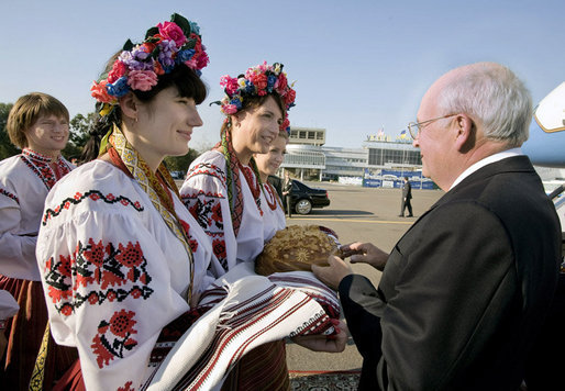 Vice President Dick Cheney is welcomed by Ukrainian youth in traditional dress Thursday, Sept. 4, 2008, in Kiev, the third stop on trip through ex-Soviet republics to reinforce U.S. support for the young democracies following Russian aggression in Georgia. White House photo by David Bohrer