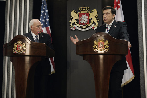 Vice President Dick Cheney looks on as Georgian President Mikheil Saakashvili delivers a statement Thursday, Sept. 4, 2008, following the leaders' meeting at the presidential office in Tbilisi. "Together with our partners in Europe, America and elsewhere, we will rebuild Georgia," the Georgian leader said in response to recent conflict with Russia, adding, "the light of freedom can never be extinguished in Georgia; the spirit and will of my nation, the resolve of my government, are stronger than ever before." White House photo by David Bohrer