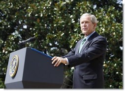 President George W. Bush addresses his remarks honoring volunteerism and the achievements of USA Freedom Corps Monday, Sept. 8, 2008, on the South Lawn of the White House. White House photo by Eric Draper
