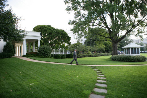 President George W. Bush walks from the Oval Office to make a statement to the press concerning Hurricane Ike Saturday, Sept. 13, 2008, after a video teleconference briefing in the Situation Room with officials from the National Hurricane Center, the Department of Homeland Security and FEMA. White House photo by Chris Greenberg