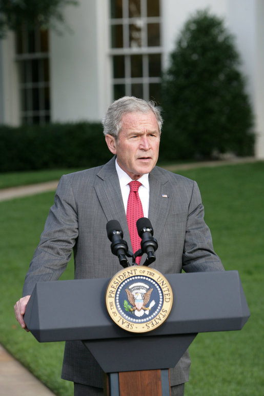President George W. Bush makes a statement to the press concerning Hurricane Ike Saturday, Sept. 13, 2008, after a video teleconference briefing in the Situation Room with officials from the National Hurricane Center, the Department of Homeland Security and FEMA. White House photo by Chris Greenberg