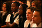 Children listen as Mrs. Laura Bush opens a performance of scenes from the National Constitutions Center's new Freedom Rising performance. The purpose of the event on Sept. 17, 2008 in the White House East Room was to make children more aware of Constitution Day and of United States history. White House photo by Joyce N. Boghosian