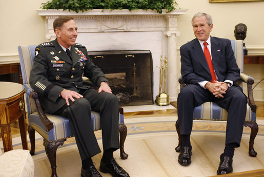President George W. Bush meets with U.S. Army General David Petraeus, former Commander of the Multi-National Force in Iraq, Wednesday, Sept. 17, 2008, in the Oval Office at the White House. In speaking to reporters President Bush honored and congratulated General Petraeus for his outstanding command leadership in Iraq, and thanked him for agreeing to be the new commander of CENTCOM. White House photo by Eric Draper