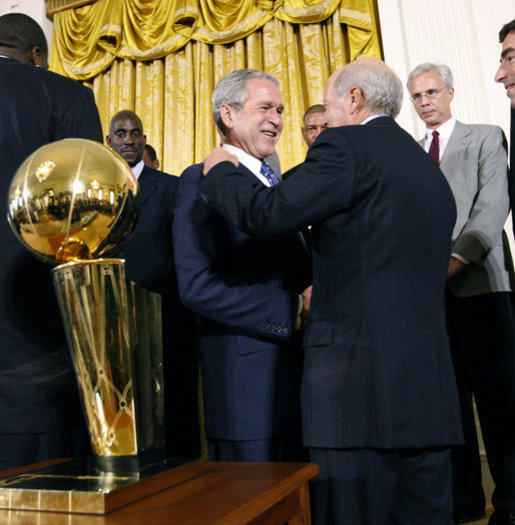 President George W. Bush shakes the hand of Bob Epstein, Managing Partner of the 2008 NBA Championship Boston Celtics Friday, Sept. 19, 2008, at the White House. The Celtics presented President Bush with a team jersey and autographed basketball during their visit. White House photo by Eric Draper