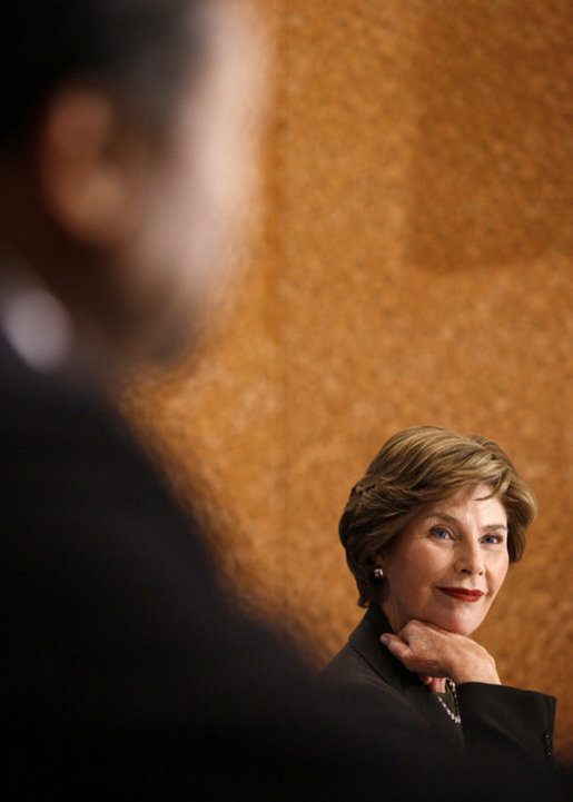 Mrs. Laura Bush participates in a drop-by meeting on food security Tuesday, Sept. 23, 2008, in New York. White House photo by Eric Draper