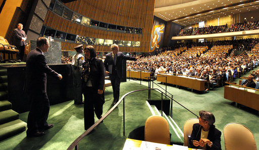President George W. Bush acknowledges the audience after delivering remarks Tuesday, Sept. 23, 2008, to the United Nations General Assembly in New York. In his last address as President of the United States, President Bush said, "The United Nations is an organization of extraordinary potential. As the United Nations rebuilds its headquarters, it must also open the door to a new age of transparency, accountability, and seriousness of purpose. With determination and clear purpose, the United Nations can be a powerful force for good as we head into the 21st Century." White House photo by Eric Draper