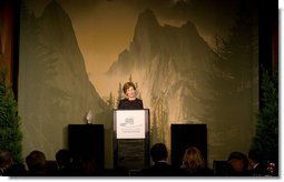 Mrs. Laura Bush addresses the National Park Foundation's "Expedition America!" Gala Wednesday, Sept. 24, 2008, at the Chelsea Piers in New York City. Mrs. Bush told her audience, "For more than 40 years, the National Park Foundation has been leading this cause as the only national charitable partner of America's parks. National parks are the backdrop for many Americans' favorite memories -- including mine. Together with the National Park Foundation, we can preserve these national wonders and ensure park visitors make new memories for generations to come."  White House photo by Chris Greenberg