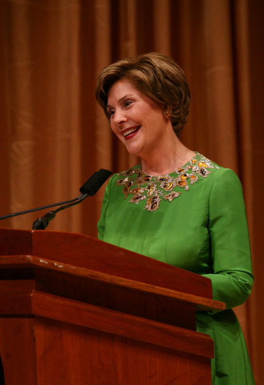 Mrs. Laura Bush addresses her remarks Friday evening, Sept. 26, 2008 in Washington, D.C., during the 2008 National Book Festival Gala Performance, an annual event celebrating books and literature. White House photo by Joyce N. Boghosian