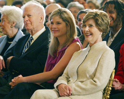 Mrs. Laura Bush and daughter Jenna Hager listen to author Jan Brett during the National Book Festival Breakfast Saturday, Sept. 27, 2008, in the East Room of the White House. White House photo by Joyce N. Boghosian