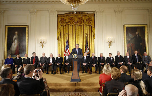 President George W. Bush delivers remarks Monday, Sept. 29, 2008, prior to the presentation of the 2007 National Medals of Science and Technology and Innovation in the East Room of the White House. Said the President, "This is a joyous day for the White House as we honor some of our nation's most gifted and visionary men and women. I congratulate you all on your achievements." White House photo by Eric Draper