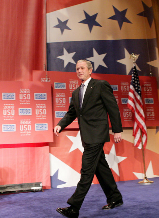 President George W. Bush is introduced on stage prior to his address Wednesday evening, Oct. 1, 2008, at the United Services Organization (USO) World Gala in Washington, D.C. White House photo by Chris Greenberg