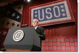 President George W. Bush addresses his remarks to guests Wednesday evening, Oct. 1, 2008, at the United Services Organization (USO) World Gala in Washington, D.C. White House photo by Chris Greenberg