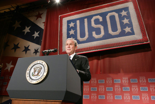 President George W. Bush addresses his remarks to guests Wednesday evening, Oct. 1, 2008, at the United Services Organization (USO) World Gala in Washington, D.C. White House photo by Chris Greenberg