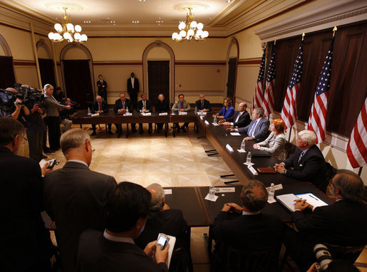 President George W. Bush delivers remarks during a meeting with representatives of American businesses on the Economic Rescue Package Thursday, Oct. 2, 2008, in the Eisenhower Executive Office Building. The President said, "I want to thank the job creators who have joined me here today to talk about the state of the economy and the need for the House of Representatives to pass the bill that passed the Senate last night with an overwhelming bipartisan majority." White House photo by Eric Draper