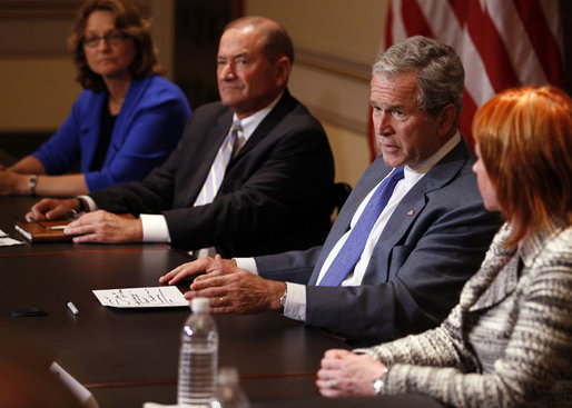 President George W. Bush gestures as he delivers his remarks during a meeting with representatives of American businesses on the Economic Rescue Package Thursday, Oct. 2, 2008, in the Eisenhower Executive Office Building. White House photo by Eric Draper